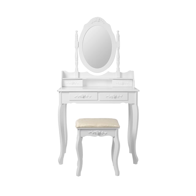 ML Design toiletbord hvid, toiletbord med spejl, afføring og 4 skuffer, 75 x 140