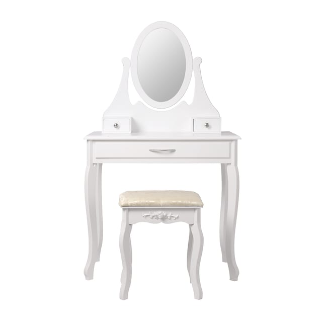 ML Design toiletbord hvid, frisørbord med spejl, afføring og 3 skuffer, 75 x 140