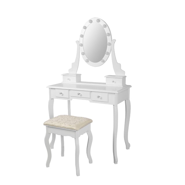 ML Design dressingbord hvid med LED belysning, frisørbord med spejl, afføring og