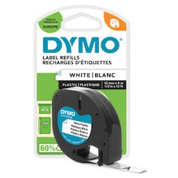 DYMO LetraTag, plasttape, hvid, 12mm, 4m - 91221