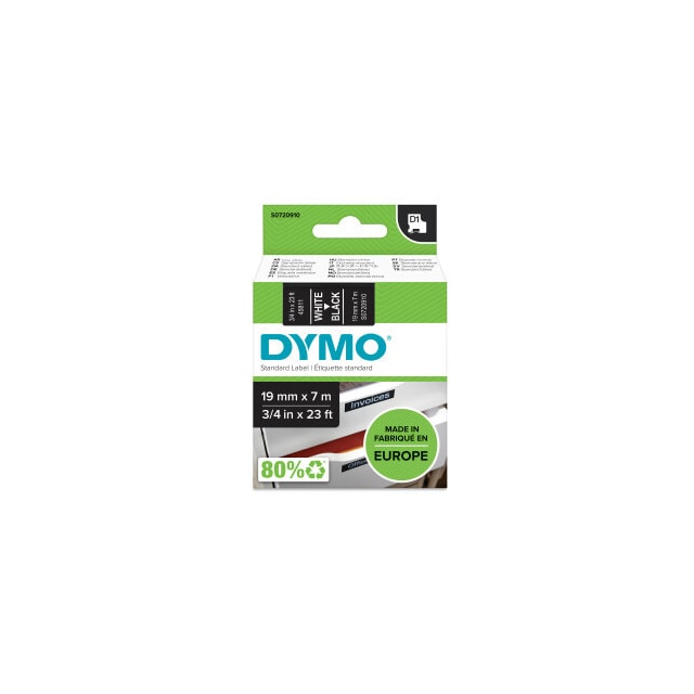 DYMO D1, markeringstape, 19mm, hvid tekst på sort tape, 7m - 45811
