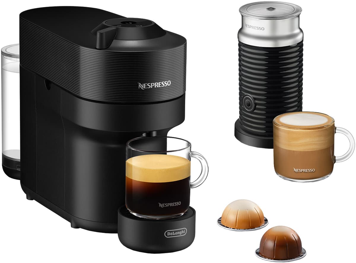 Nespresso Vertuo POP kapselmaskine + mælkeskummer fra DeLonghi ENV90.BAE