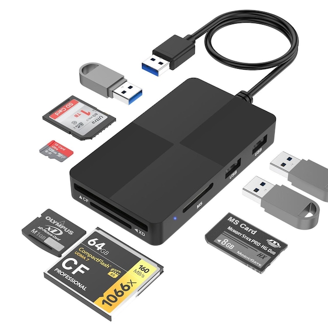 NÖRDIC 8 i 1 USB-A kortlæser CF/SD/XD/TF/MS og 3xUSB-A 5Gbps UHS-I 2TB