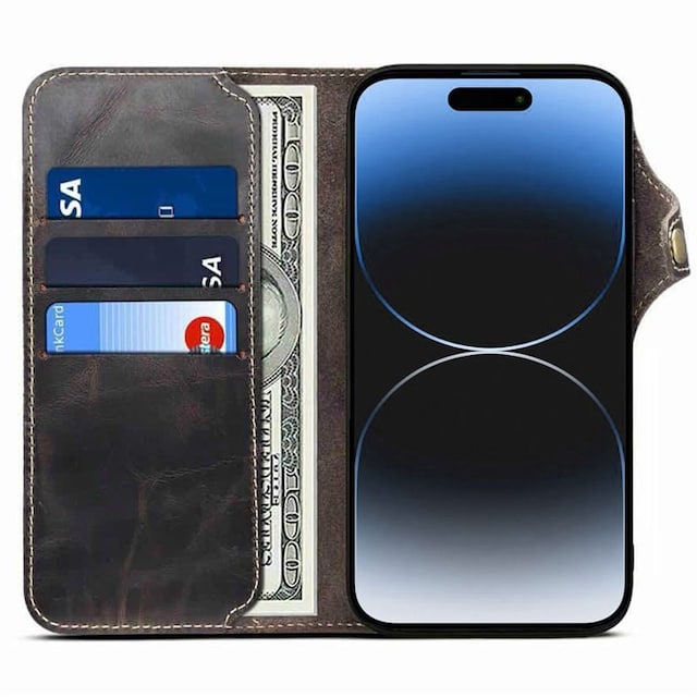 Wallet 3-kort ægte læder Apple iPhone 15 Pro Max - Sort