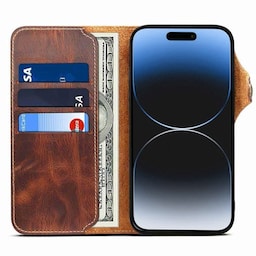 Wallet 3-kort ægte læder Apple iPhone 15 - Brun