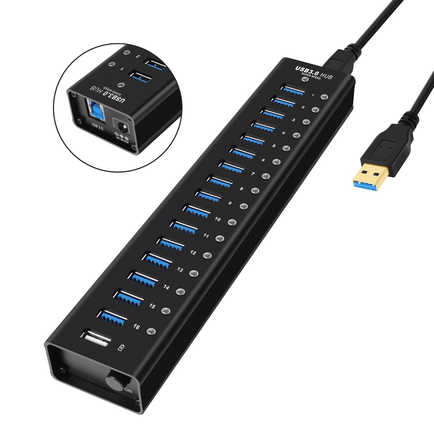 NÖRDIC strømforsynet 17-ports USB 3.0 HUB med individuel switch 5 Gbps 1,2  mm kabel aluminium sort med strømforsyning | Elgiganten