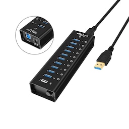NÖRDIC strømforsynet 11-ports USB 3.0 HUB med individuel switch 5 Gbps 1,2 mm kabel aluminium sort med strømforsyning