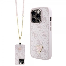 Guess iPhone 15 Pro Cover Metal Logo Strass Crossbody Strap Lyserød