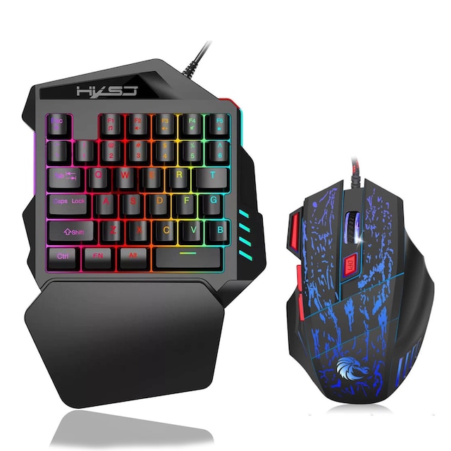 Enhånds gaming-tastatur, tastatur, mus, RGB-baggrundsbelyst håndledsstøtte