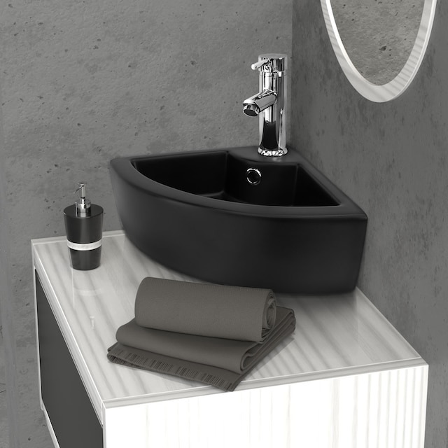 Vask med pop-up afløb og overløb 46x33x13 cm sort keramik ML-Design