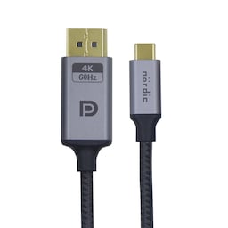 NÖRDIC 1,5 m USB-C til Displayport-kabel UHD 4K 60Hz DP 1,2 21,6 Gbps HDCP Alt Mode Over USB-C, aluminiumsstik Space Grey