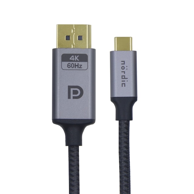 NÖRDIC 1,5 m USB-C til Displayport-kabel UHD 4K 60Hz DP 1,2 21,6 Gbps HDCP Alt Mode Over USB-C, aluminiumsstik Space Grey