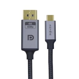 NÖRDIC 2m USBC til DisplayPort-kabel UHD 4K 60Hz DP 1.2 21,6Gbps HDCP Alt tilstand via USB C Aluminium kontakter Space Grey