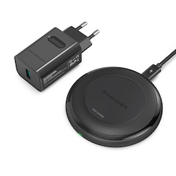 RAVPower Trådløs Qi Oplader, 10W inkl. Quick Charge 3.0 vægoplader, Sort