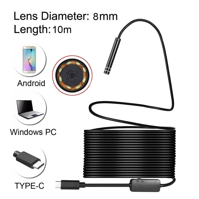 Inspektionskamera USB Type-C med 8 LED og USB-adapter - 10 meter / 8 mm