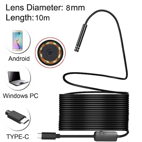 Inspektionskamera USB Type-C med 8 LED og USB-adapter - 10 meter / 8 mm |  Elgiganten