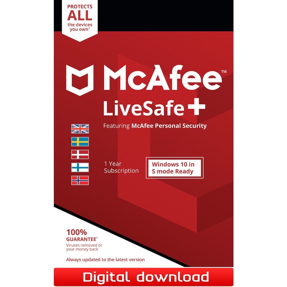 Beskyt dig selv og husstanden mod virus og phishing når du bevæger dig rundt på internettet med McAfee LiveSafe. Licens gælder til alle enheder i din husstand.