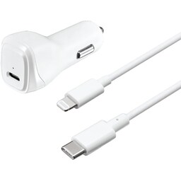 Sandstrøm 18W PD oplader til bil med USB-C til Lightning-kabel (hvid)