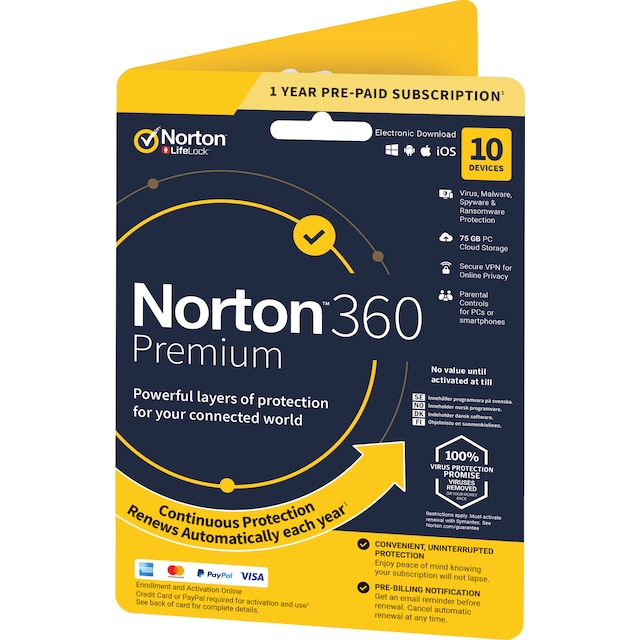 Norton 360 Premium antivirusprogram -10 enheder (online abonnement)