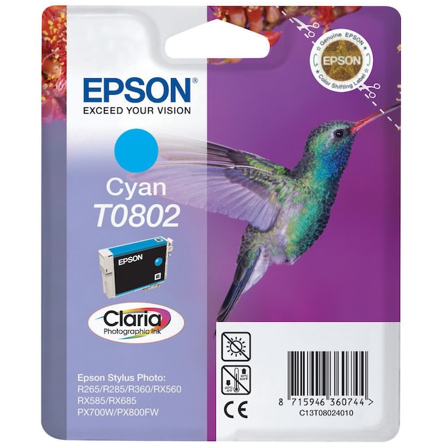 Epson blækpatron Claria T0802 Cyan