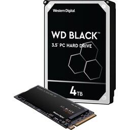 WD Black 3,5" 4 TB harddisk og WD Black SN750 1 TB NVMe SSD lagring