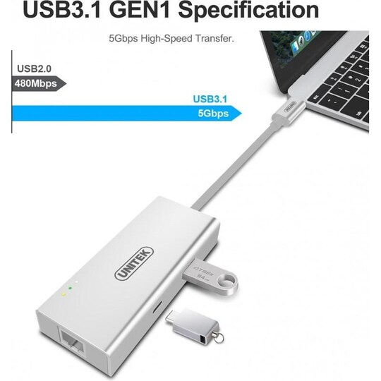 UNITEK Y-9117 Type C dockingstation 4 i 1 med 1xSuperspeed USB C 5Gbps, 1x  HDMI 4K 30Hz UHD, 1x super hastighed USB A 5Gbps, 1xRJ45 Giga Ethernet |  Elgiganten