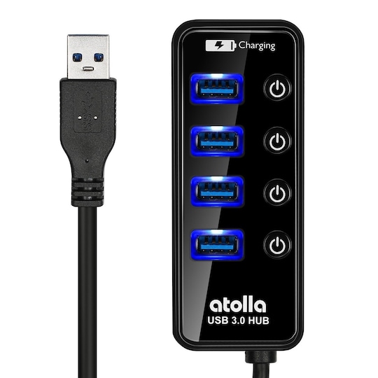 atollidae 4ports USB 3.0 Hub 5Gbps med en ekstra port til opladning 2,4a  individuel on-off kontakt med LED for hver port | Elgiganten