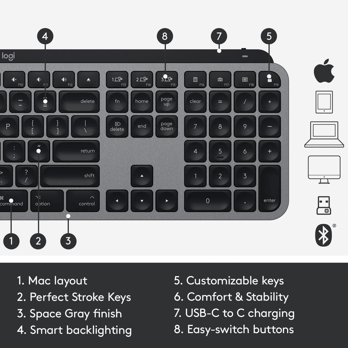 Logitech MX Keys 3 Mac trådløst tastatur (space grey)