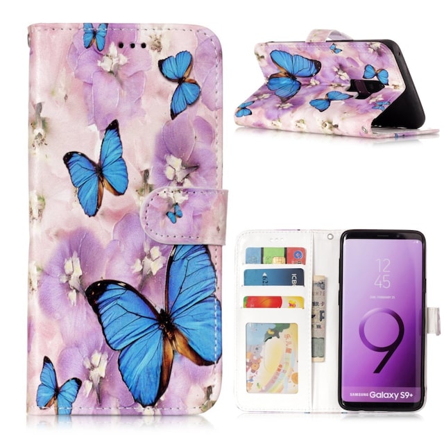 Samsung Galaxy S9 Plus Pung Taske - Blå Sommerfugl og Blomst