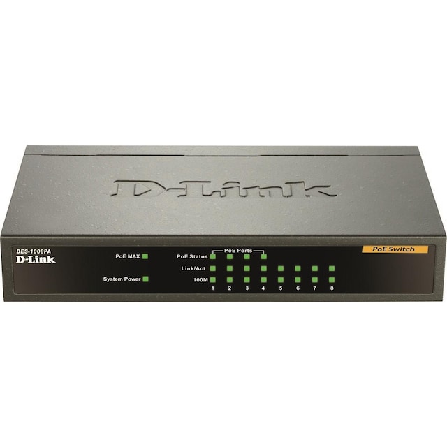 D-Link netværksswitch, 8x10/100Mbps, 4xPOE, metalkabinet, sort