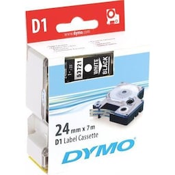 DYMO D1, markeringstape, 24 mm, hvid tekst på sort tape, 7 m.