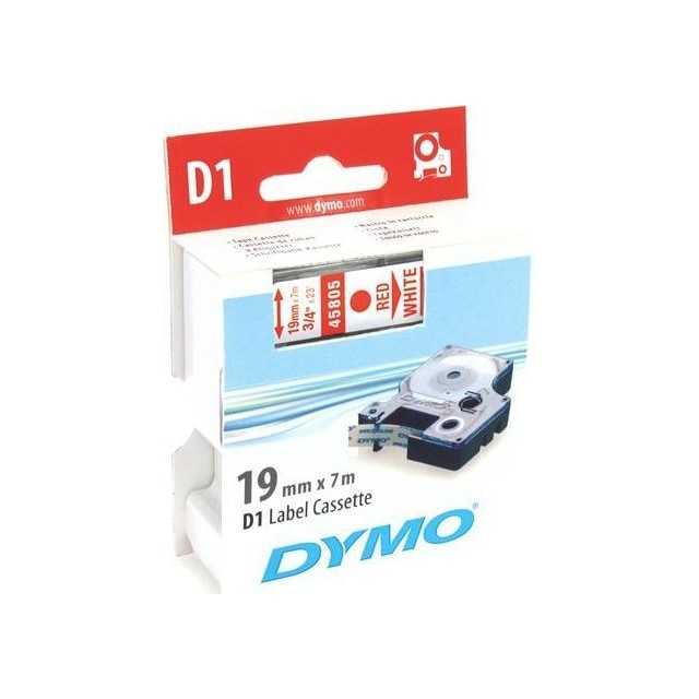 DYMO D1, markeringstape, 19mm, rød tekst på hvid tape, 7m - 45805
