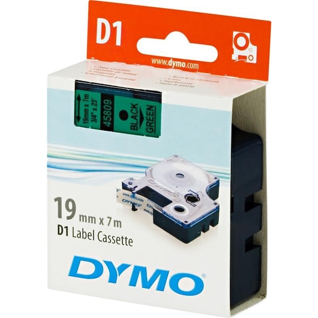 DYMO D1, markeringstape, 19mm, sort tekst på grøn tape, 7m - 45809