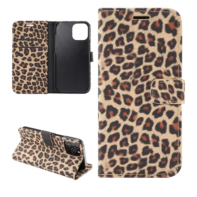 Leopardmønster tegnebogsovertræk til iPhone 12 Pro Max - Brun