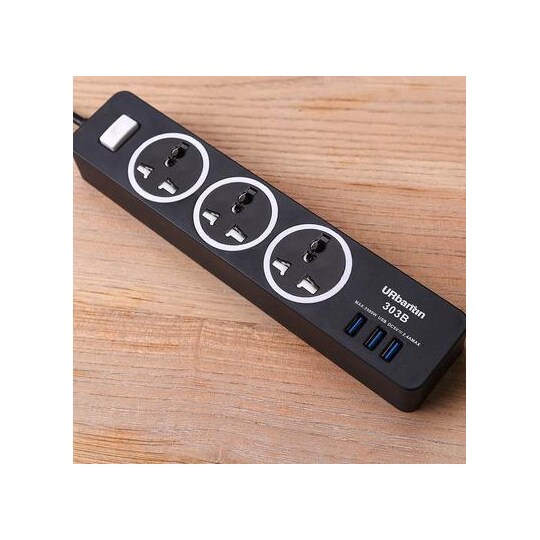 Grenstik med USB-oplader 3 vægstik 3 USB-porte Sort | Elgiganten