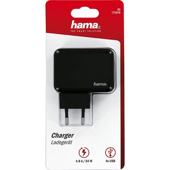 HAMA Charger 220V 4xUSB 4,8A strømadapter (sort) | Elgiganten