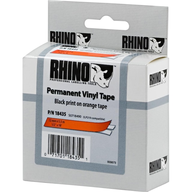 DYMO RhinoPRO label tape perm vinyl 12mm, sort på orange, 5,5m rulle