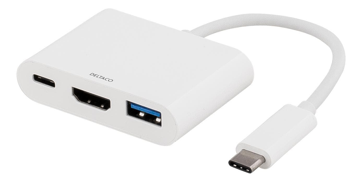 DELTACO USB-C til HDMI og USB A-adapter, USB-C-stik til opladning, hvid |  Elgiganten