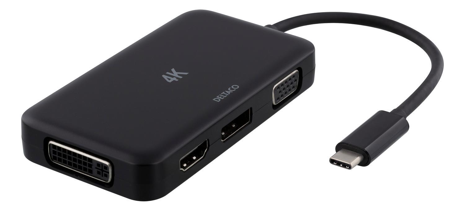 DELTACO USB-C til HDMI / DP / DVI / VGA-adapter, 4K, DP Alt-tilstand, sort  | Elgiganten