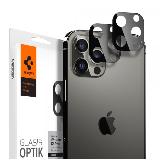 Spigen iPhone 12 Pro Max Kameralinsebeskytter Glas.tR Optik 2-pak Sort