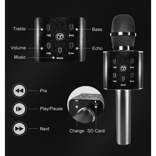Karaoke mikrofon trådløs med Bluetooth-højttaler Sort | Elgiganten