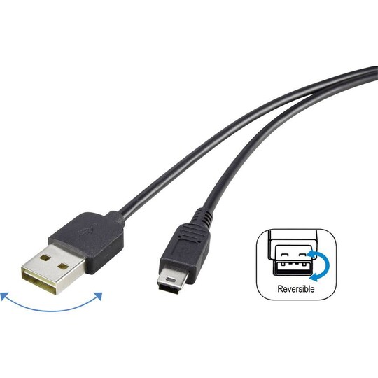 Renkforce USB-kabel USB 2.0 USB-A-hanstik, USB-mini-B-hanstik 1.80 m Sort  Dobbeltsidet stik, forgyldte | Elgiganten