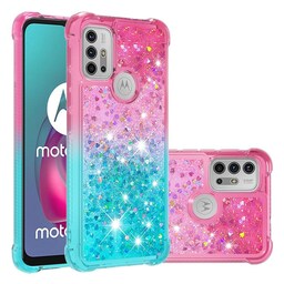 SKALO Moto G20/G30 Kvicksand Glitter Hjerter TPU Cover - Pink-Turkis