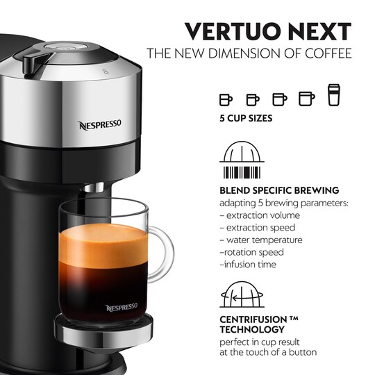 NESPRESSO® Vertuo Next kaffemaskine fra DeLonghi, Pure Chrome | Elgiganten