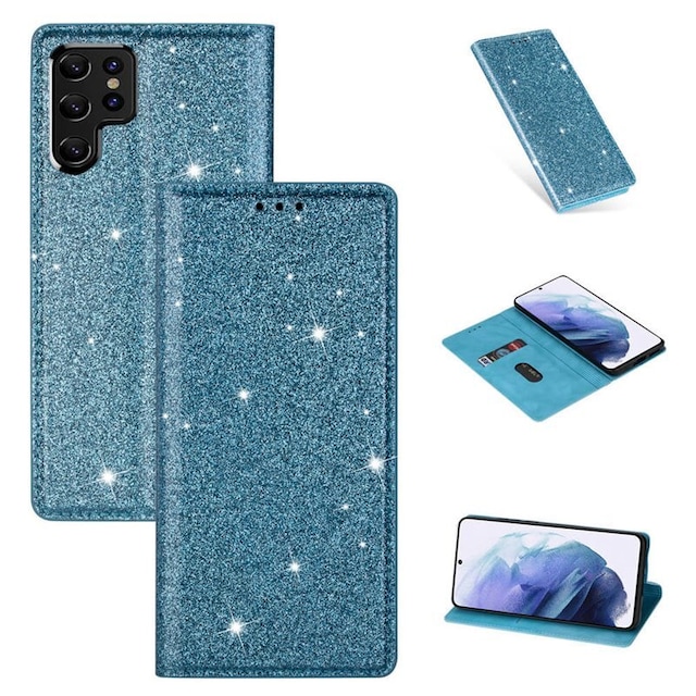 Glitter Smart FlipCase Samsung Galaxy S22 Ultra  - Lyseblå
