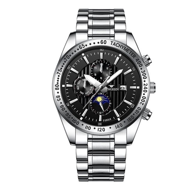 Vandtæt armbåndsur – Sølvfarvet rem, sort baggrund og sølvfarvet ramme