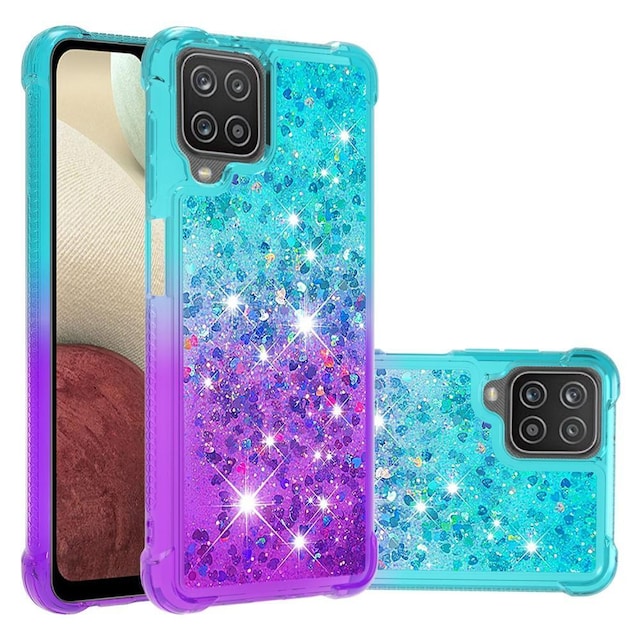 SKALO Samsung A12 Kvicksand Glitter Hjerter TPU Cover - Turkis-Lilla