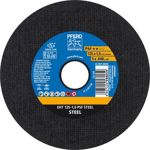 PFERD PSF STEEL 61719010 Skæreskive lige 125 mm 22.23