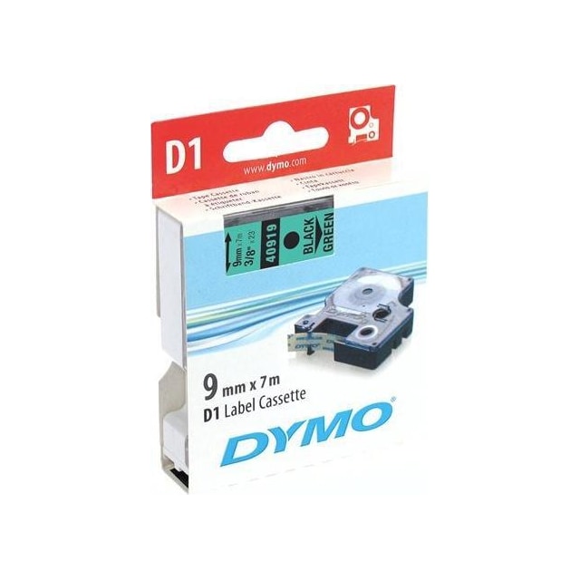 DYMO D1, markeringstape, 9mm, sort tekst på grøn tape, 7m - 40919