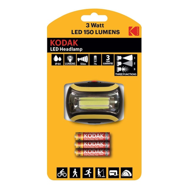 Kodak LED-forlygte, 150 lm, 3 positioner, 3 W enkelt LED, IP44, sort